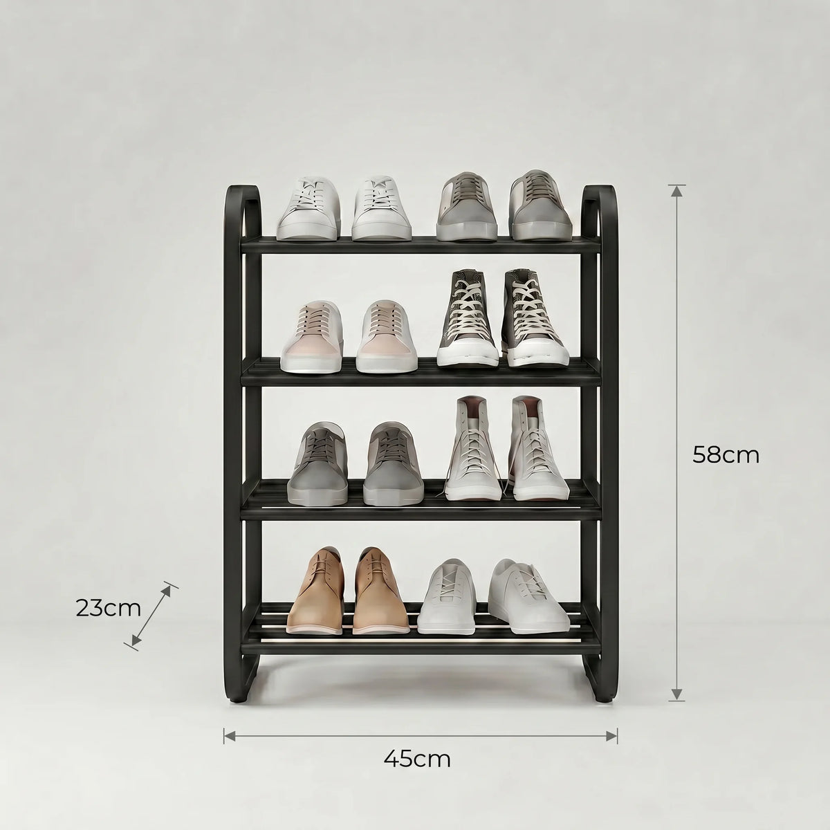 Dimensions de l’étagère à chaussures noire : 58 cm de hauteur, 45 cm de largeur et 23 cm de profondeur