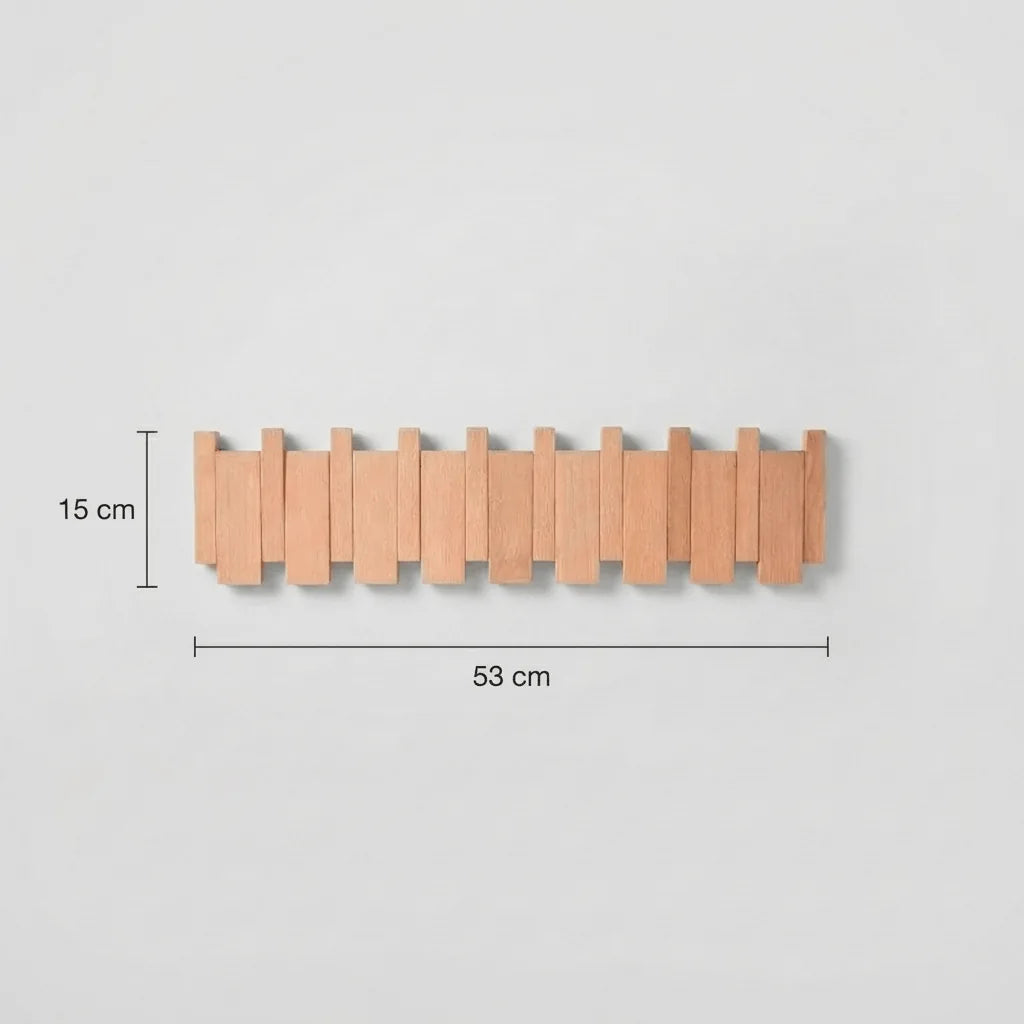 Dimensions vérifiées du grand porte-manteau mural en bois clair : 53 cm de long et 15 cm de haut