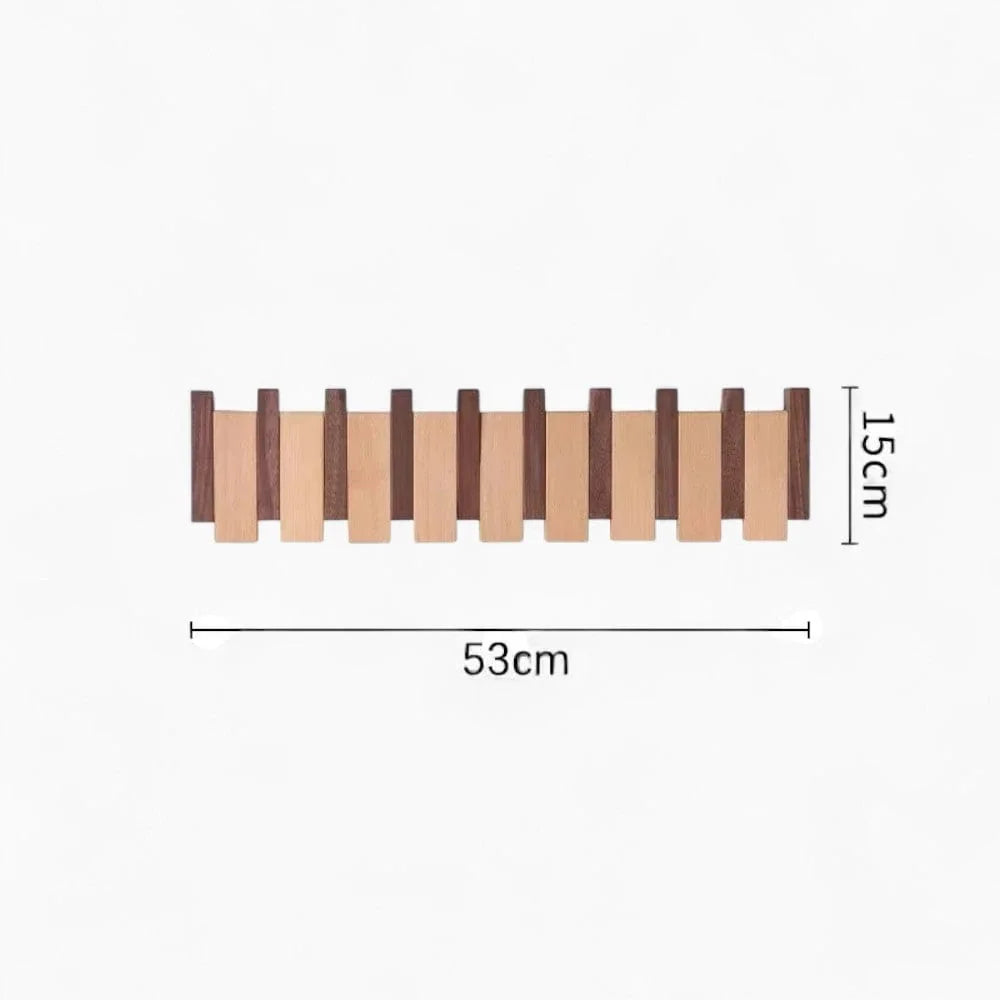 Dimensions vérifiées du grand porte-manteau mural en bois bicolore : 53 cm de long et 15 cm de haut