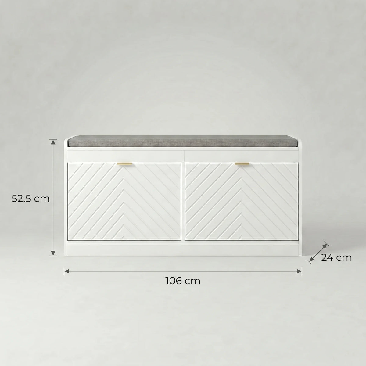Dimensions du banc à chaussures blanc : 52,5 cm de hauteur, 106 cm de largeur et 24 cm de profondeur
