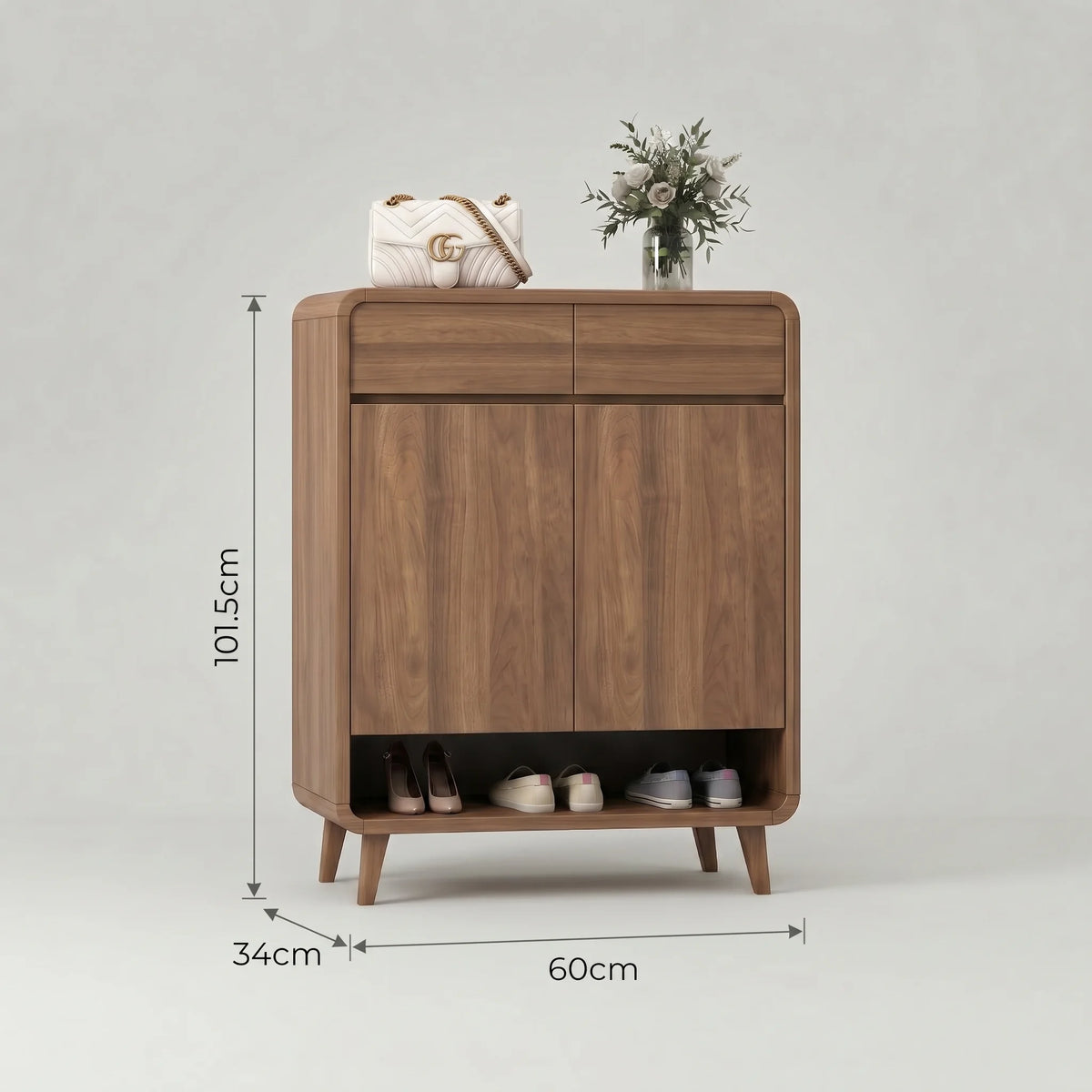Dimensions du meuble à chaussures marron en bois : 101,5 cm de hauteur, 60 cm de largeur et 34 cm de profondeur