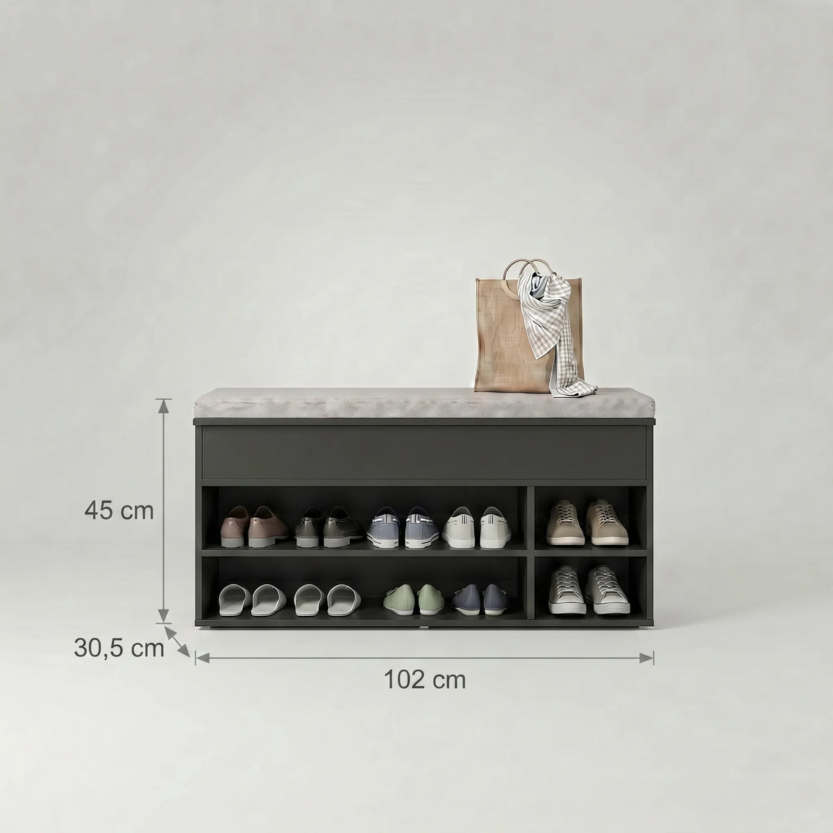 Dimensions du banc à chaussures noir : 45 cm de hauteur, 102 cm de largeur et 30,5 cm de profondeur