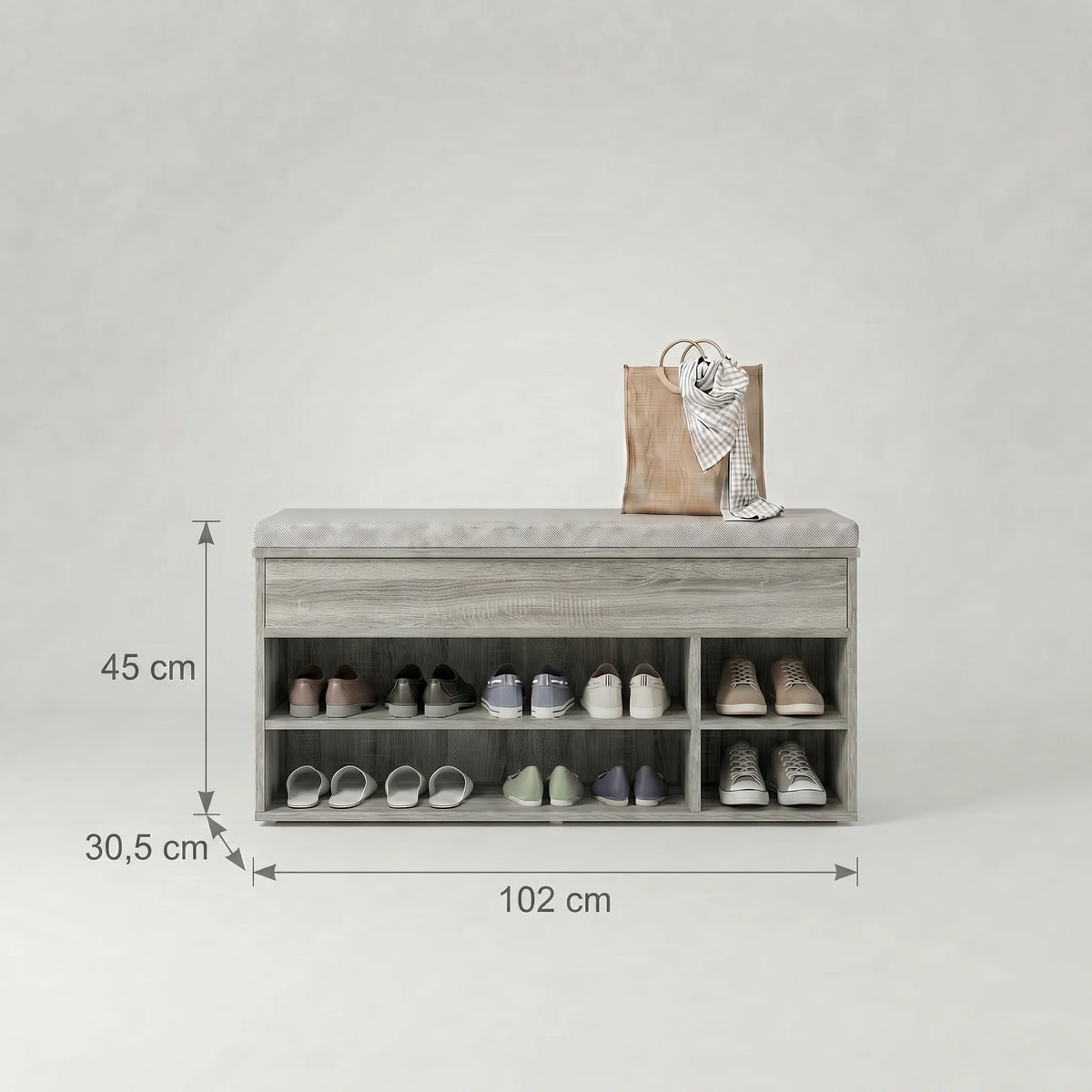 Dimensions du banc à chaussures en bois gris : 45 cm de hauteur, 102 cm de largeur et 30,5 cm de profondeur
