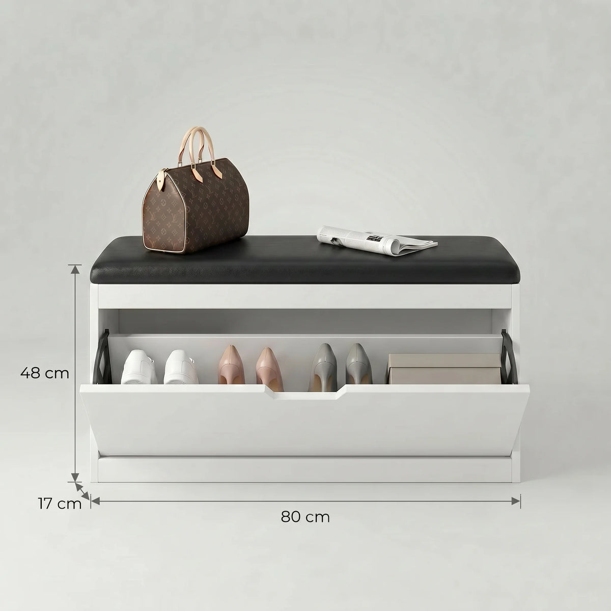Dimensions du banc à chaussures : 48 cm de hauteur, 80 cm de largeur et 17 cm de profondeur