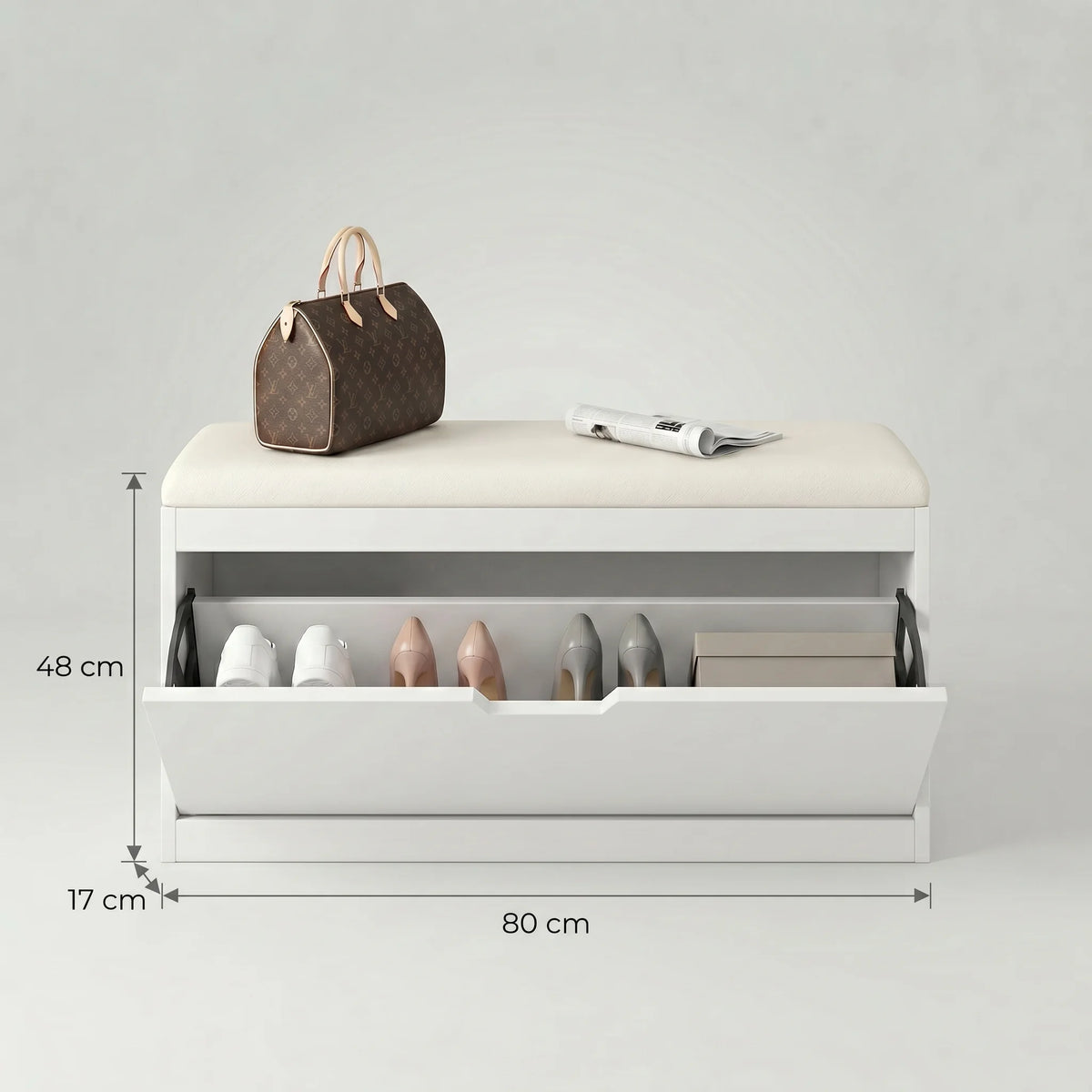 Dimensions du banc à chaussures : 48 cm de hauteur, 80 cm de largeur et 17 cm de profondeur