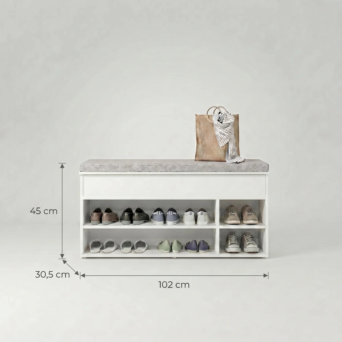 Dimensions du banc à chaussures blanc : 45 cm de hauteur, 102 cm de largeur et 30,5 cm de profondeur