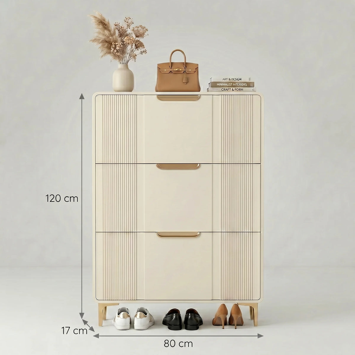 Dimensions du meuble à chaussures console beige : 120 cm de hauteur, 80 cm de largeur et 17 cm de profondeur