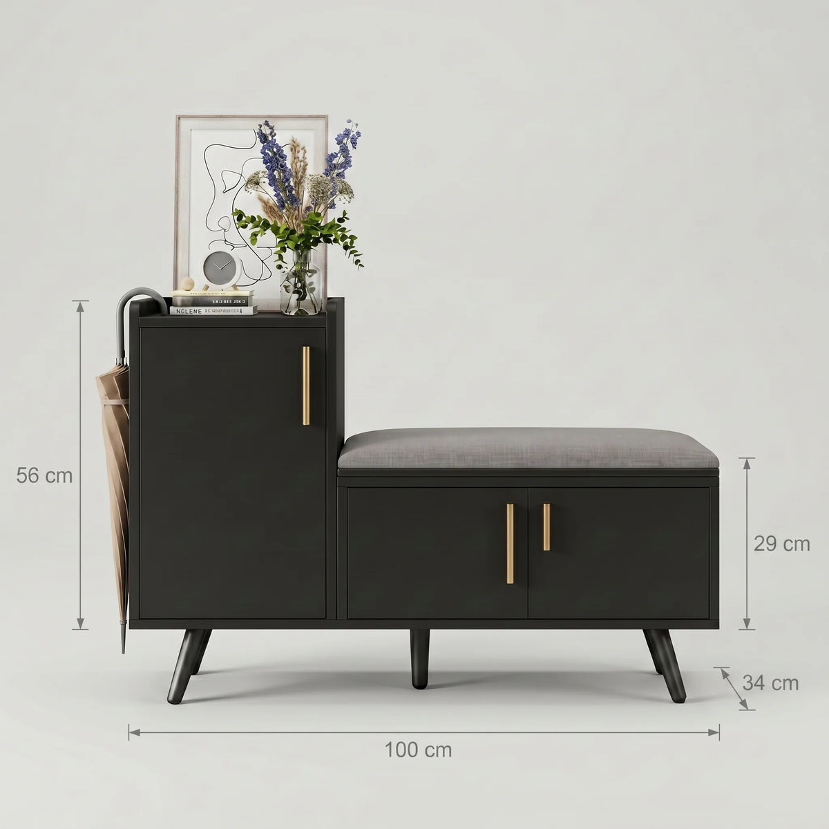 Dimensions indiquées du meuble noir avec banc : 100 cm de longueur, 56 cm de hauteur et 34 cm de profondeur
