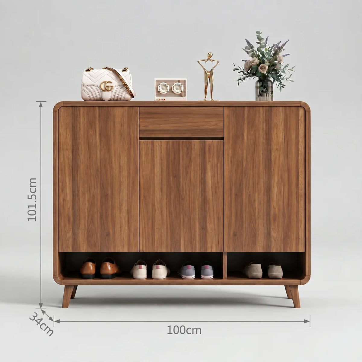Dimensions du meuble à chaussures : hauteur 101,5 cm, largeur 100 cm et profondeur 34 cm
