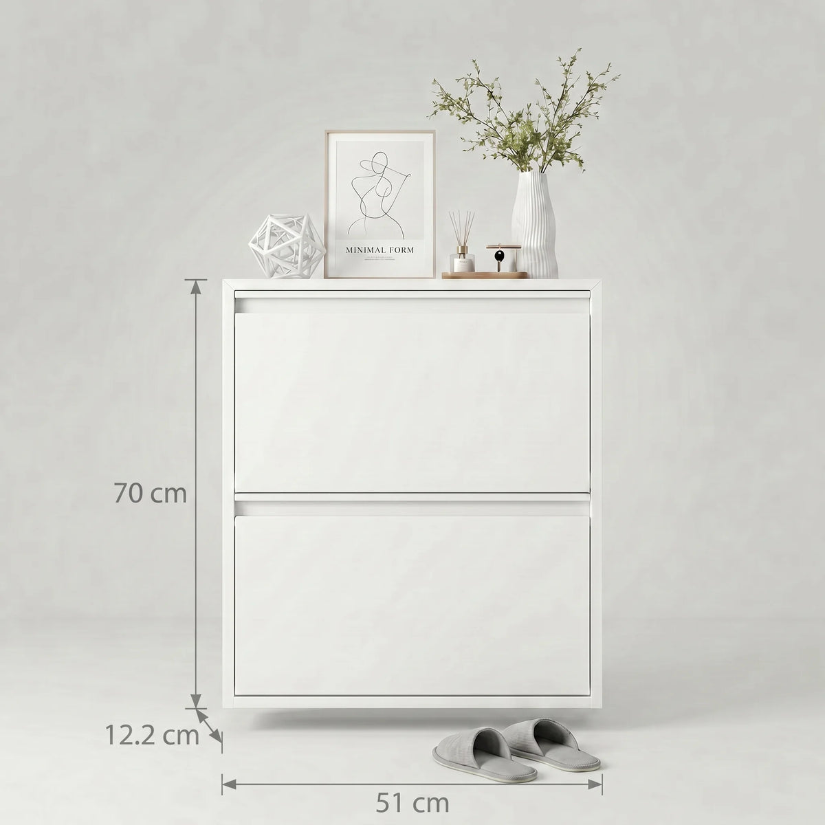Dimensions du meuble à chaussures suspendu blanc : 70 cm de hauteur, 51 cm de largeur et 12,2 cm de profondeur