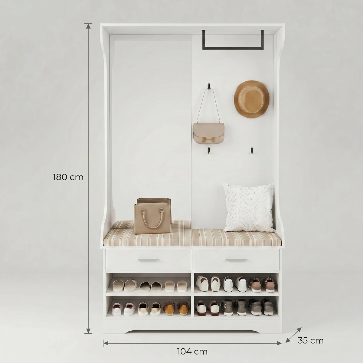 Dimensions du vestiaire blanc avec banc : 180 cm de hauteur, 104 cm de largeur et 35 cm de profondeur