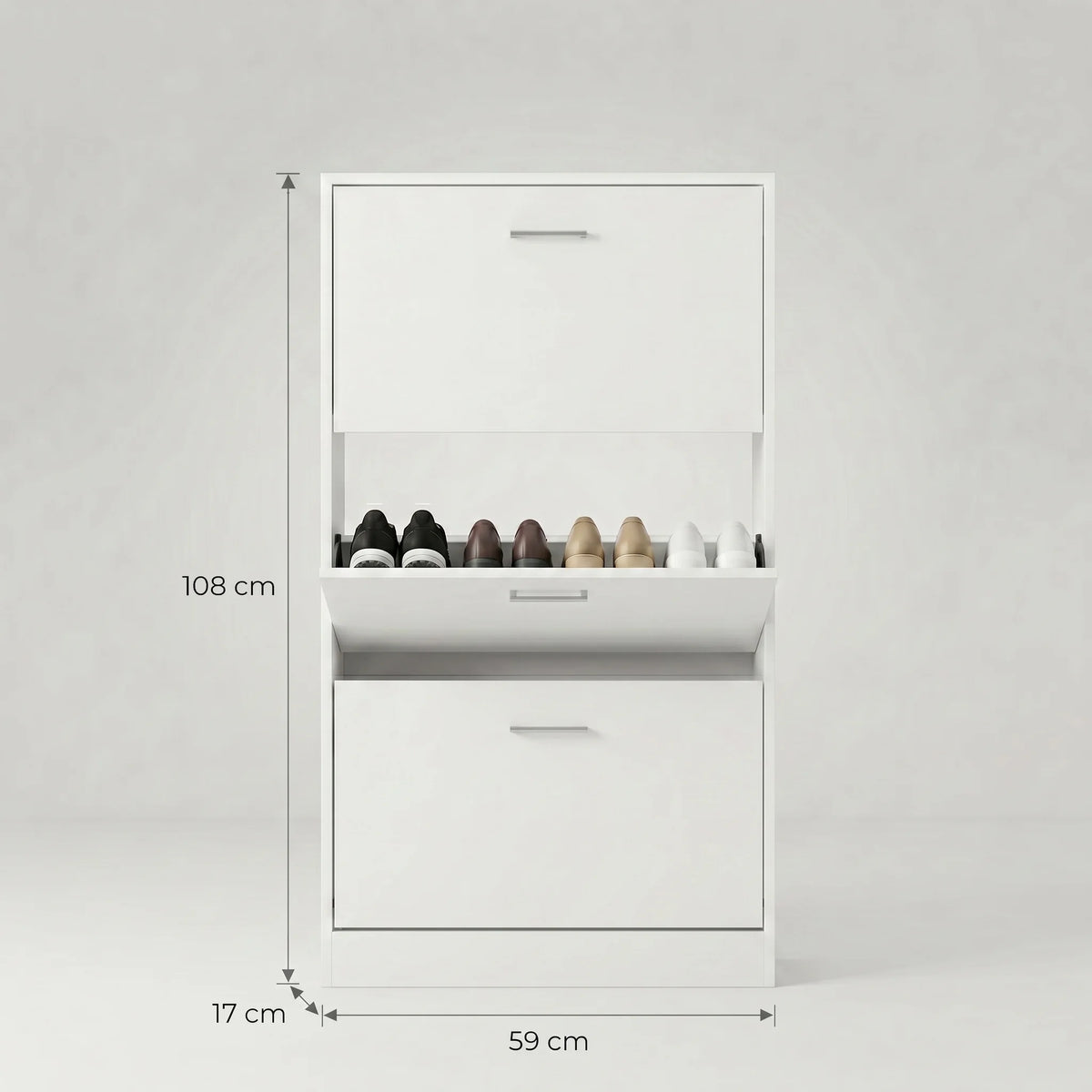 Dimensions du meuble à chaussures blanc : 108 cm de hauteur, 59 cm de largeur et 17 cm de profondeur