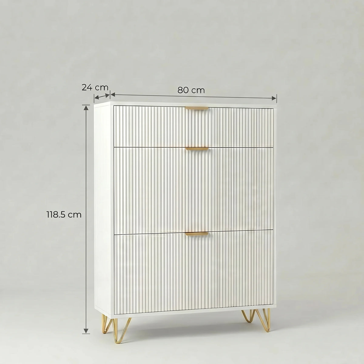 Dimensions du meuble à chaussures blanc et doré : 118,5 cm de hauteur, 80 cm de largeur et 24 cm de profondeur