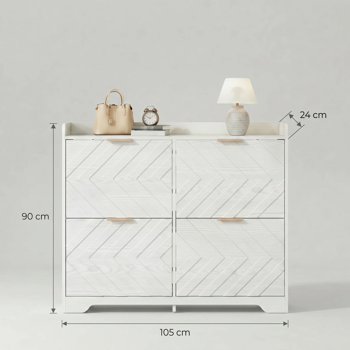 Dimensions du meuble à chaussures blanc : 90 cm de hauteur, 105 cm de largeur et 24 cm de profondeur