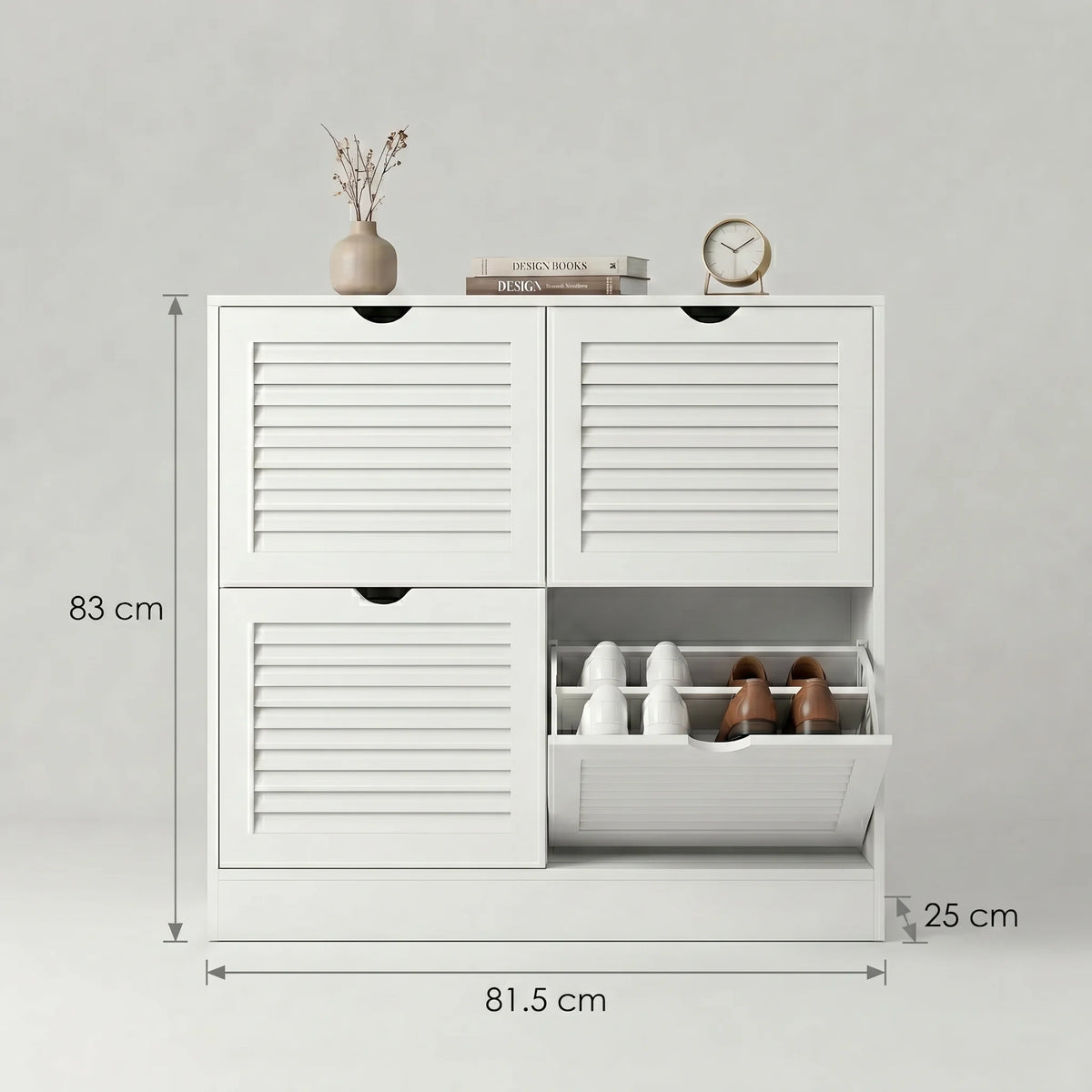 Dimensions du meuble à chaussures blanc : 83 cm de hauteur, 81,5 cm de largeur et 25 cm de profondeur
