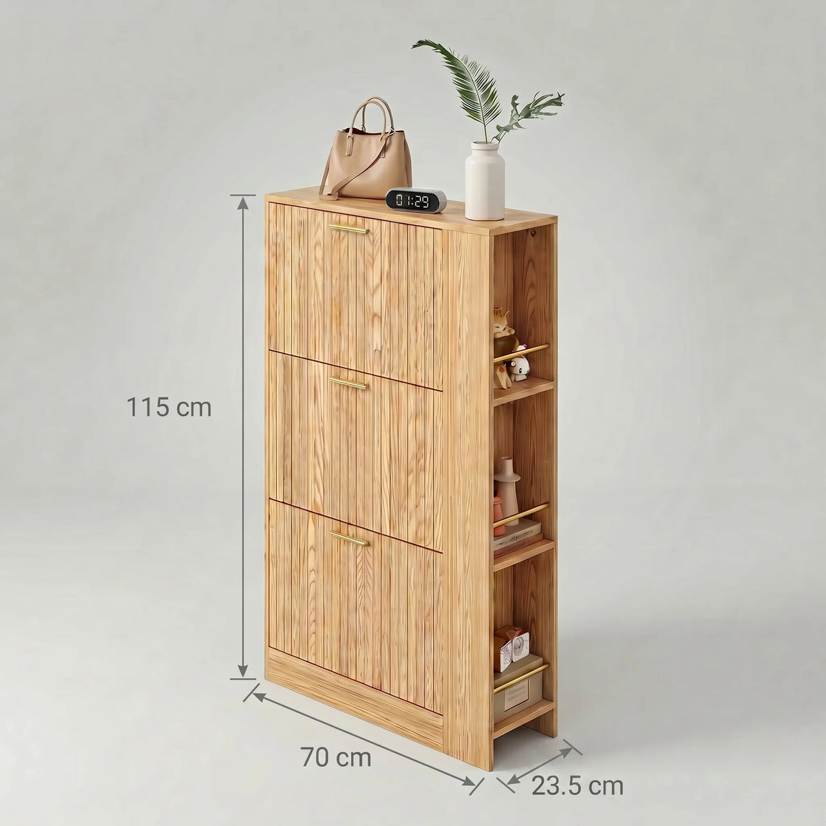 Dimensions du meuble à chaussures en bois : 115 cm de hauteur, 70 cm de largeur et 23,5 cm de profondeur