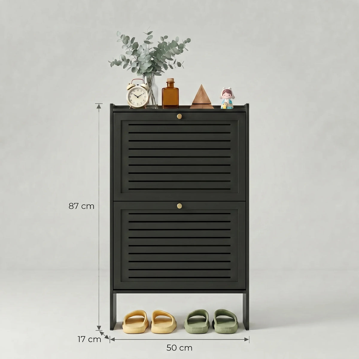 Dimensions du meuble à chaussures fin noir : 87 cm de hauteur, 50 cm de largeur et 17 cm de profondeur