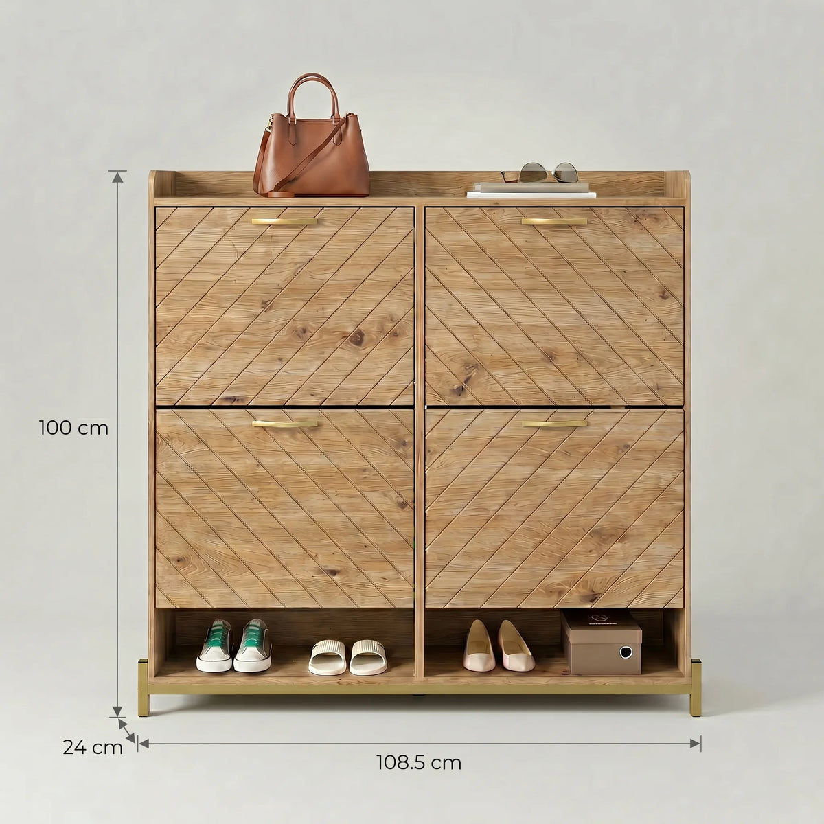 Dimensions du meuble à chaussures : 100 cm de hauteur, 108,5 cm de largeur et 24 cm de profondeur