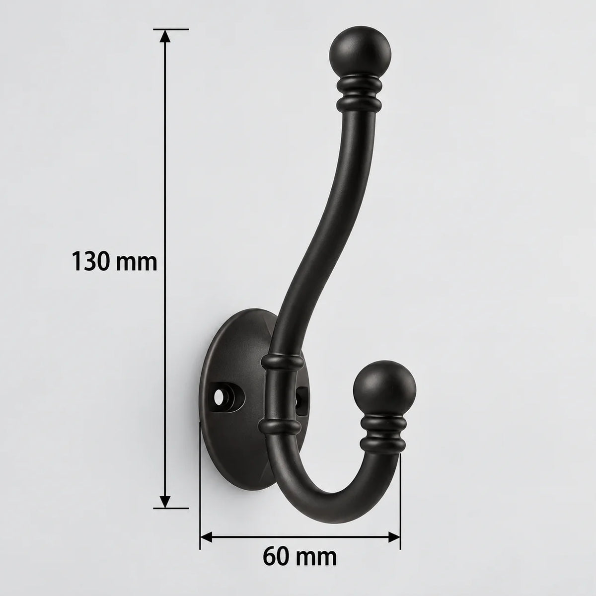 Dimensions du crochet ancien noir selon le schéma d'origine : hauteur 130 mm et saillie 60 mm