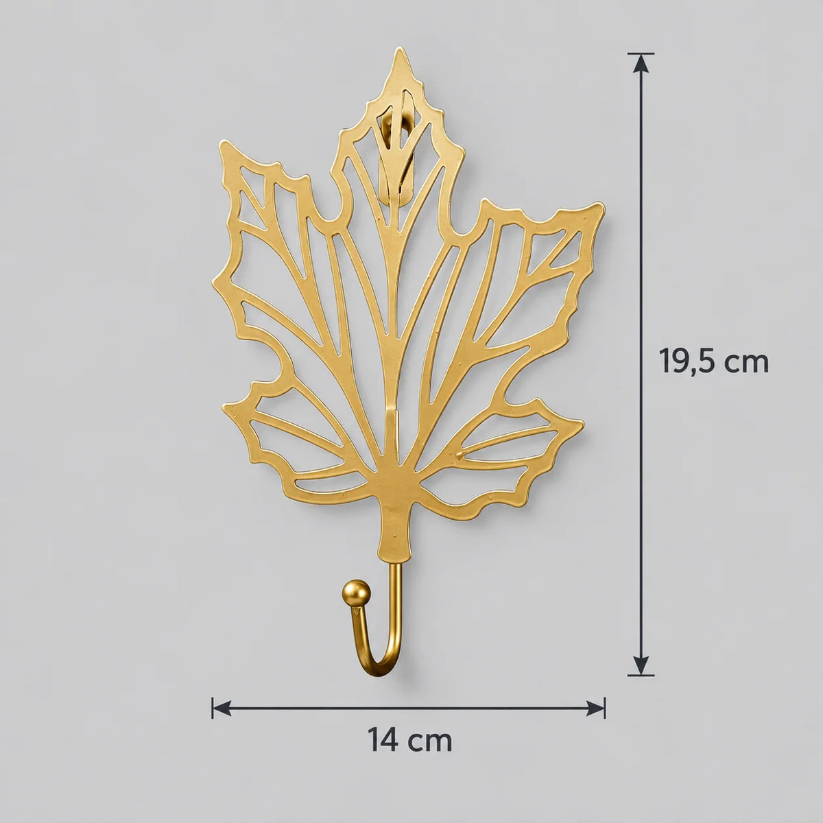 Dimensions vérifiées de la patère Grande feuille dorée : hauteur 19,5 cm, largeur 14 cm