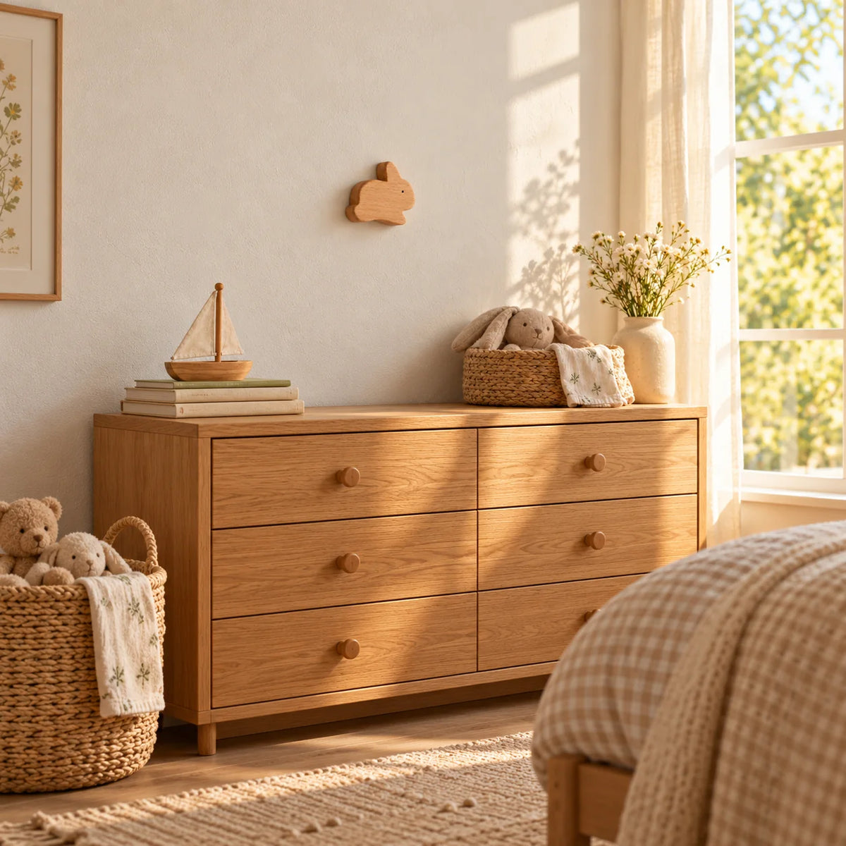 Patère lapin beige dans l’ensemble de la chambre d’enfant, sans dimensions chiffrées