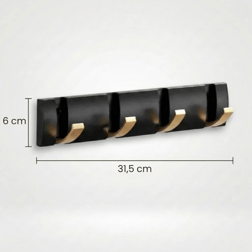 Dimensions vérifiées du petit porte-manteau mural noir et doré : 31,5 cm de long et 6 cm de haut
