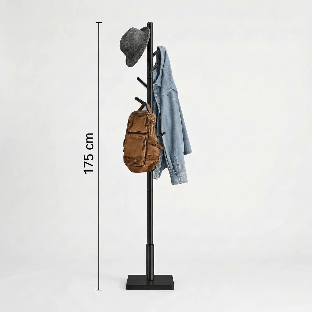 Dimensions du porte-manteau arbre à huit crochets en bois noir : hauteur vérifiée de 175 cm