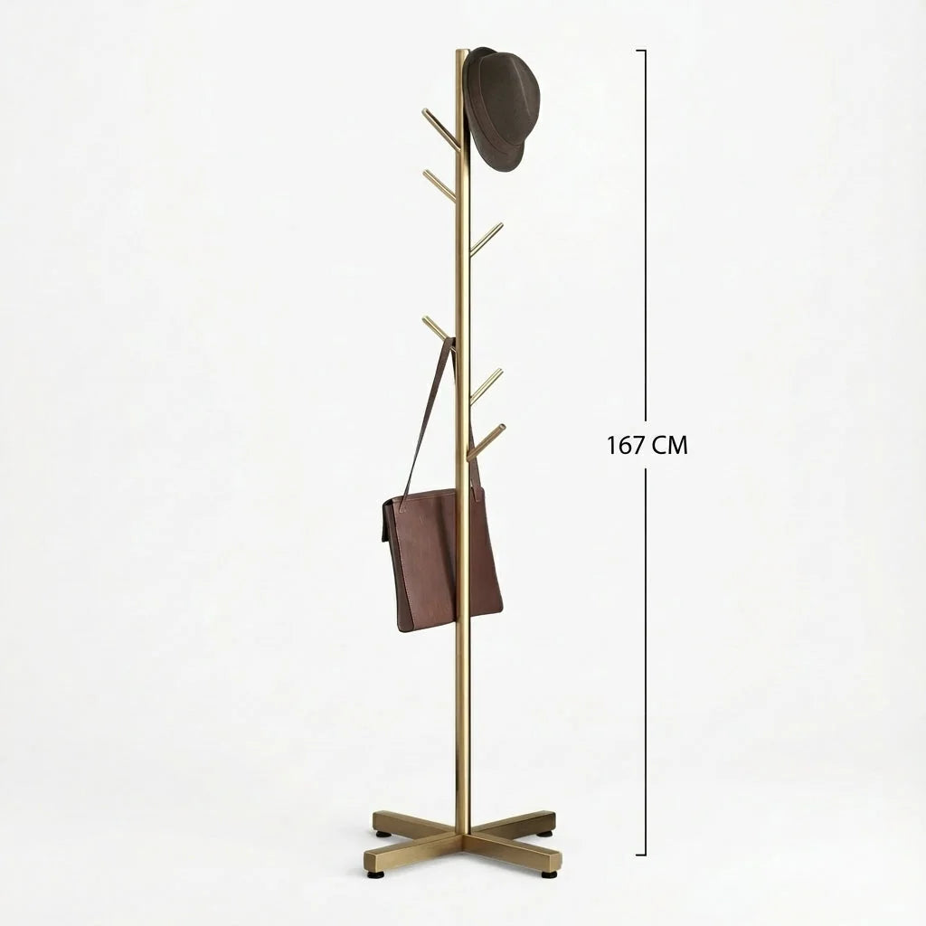Dimensions du porte-manteau arbre doré à base croisée : hauteur totale 167 cm