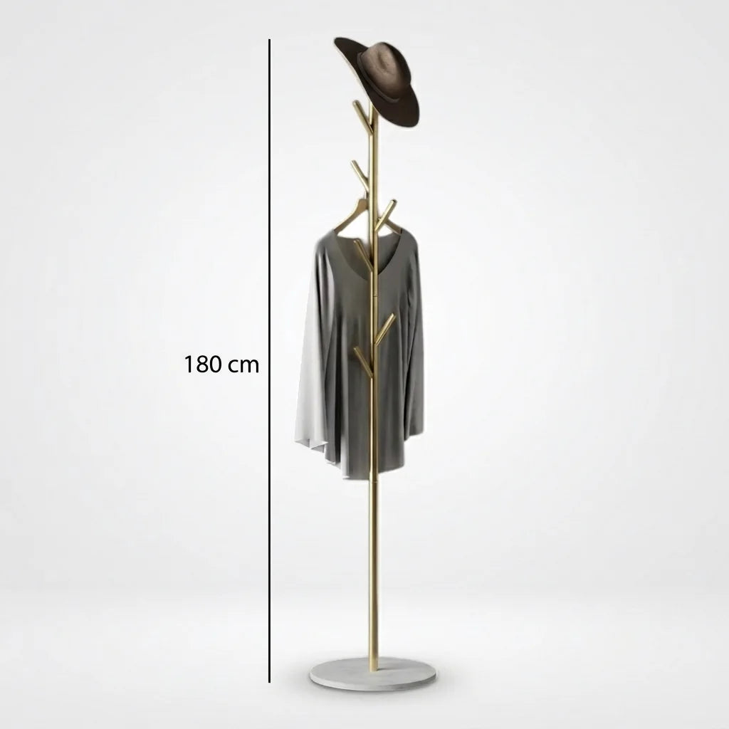 Dimensions du porte-manteau arbre doré sur base blanche : hauteur vérifiée de 180 cm