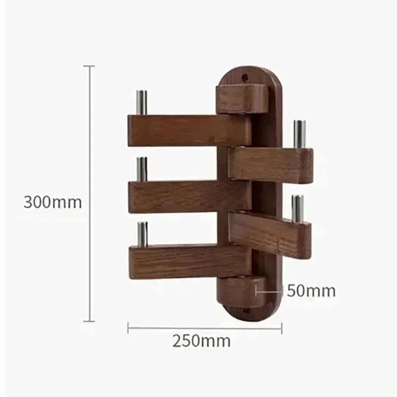 Dimensions vérifiées du porte-manteau mural pivotant en bois foncé : hauteur 300 mm, largeur 250 mm, support 50 mm