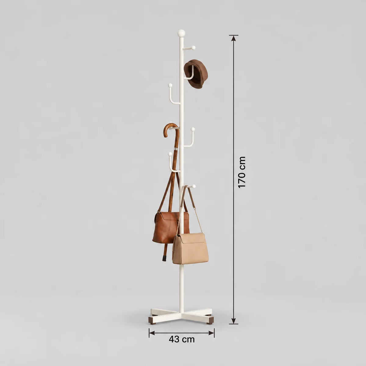Dimensions du porte-manteau blanc à base croisée : hauteur 170 cm et largeur de la base 43 cm