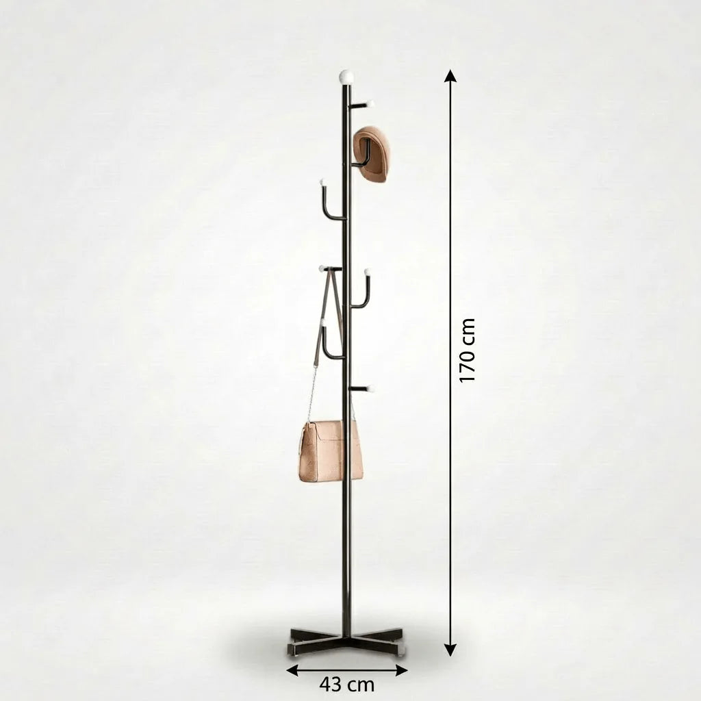 Dimensions du porte-manteau noir à base croisée : hauteur 170 cm et largeur de la base 43 cm