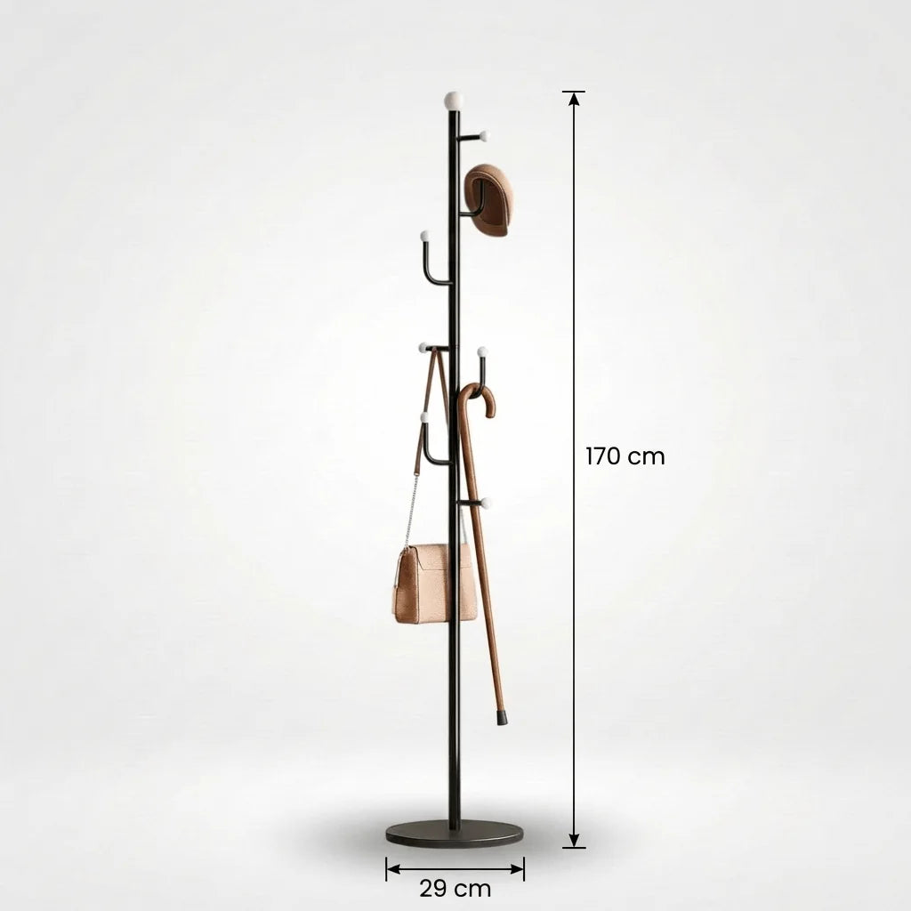 Dimensions du porte-manteau noir à base ronde : hauteur 170 cm et diamètre de la base 29 cm