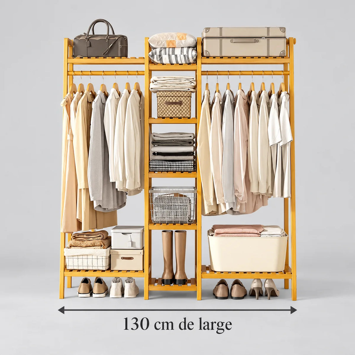 Dimensions vérifiées : grand dressing en bois clair de 130 cm de large