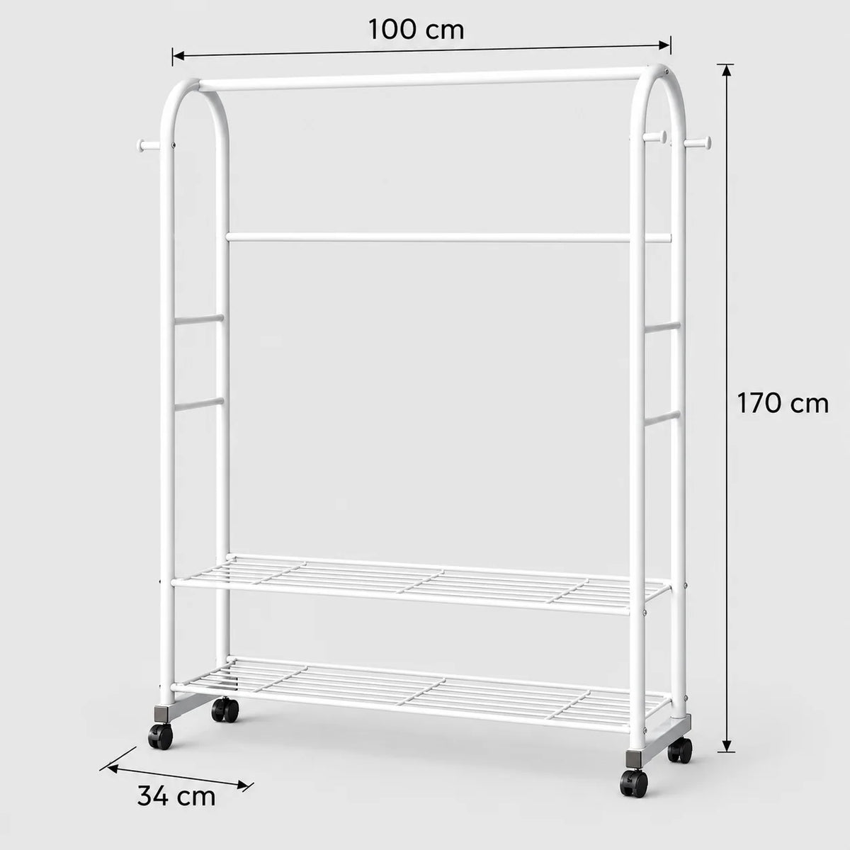 Dimensions de la variante blanche du portant Luxe : 100 cm de large, 170 cm de haut et 34 cm de profondeur