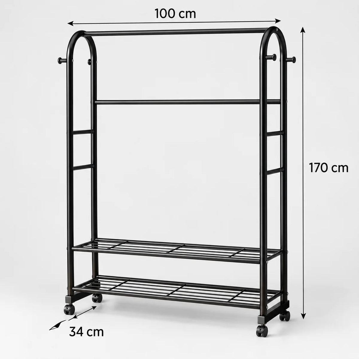 Dimensions de la variante noire du portant Luxe : 100 cm de large, 170 cm de haut et 34 cm de profondeur