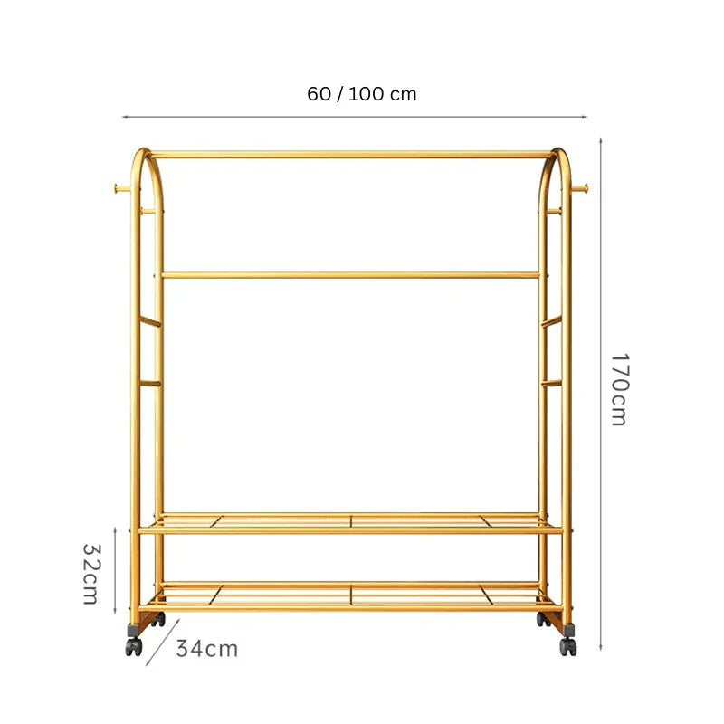Schéma des dimensions du portant Luxe Or : variante 100 cm de large, 170 cm de haut et 34 cm de profondeur ; document source montre aussi la largeur 60 cm d’une autre version