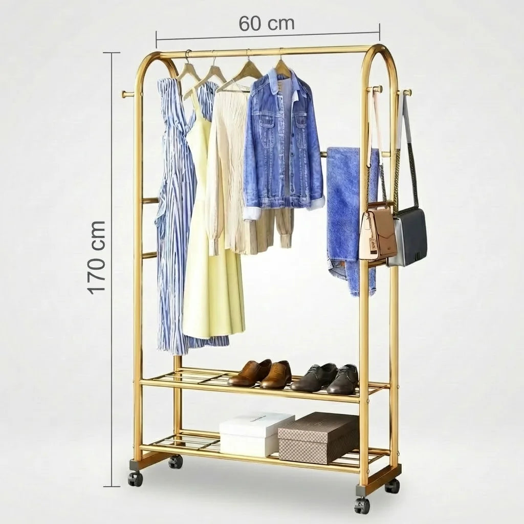 Dimensions vérifiées du petit portant doré Luxe : largeur 60 cm et hauteur 170 cm