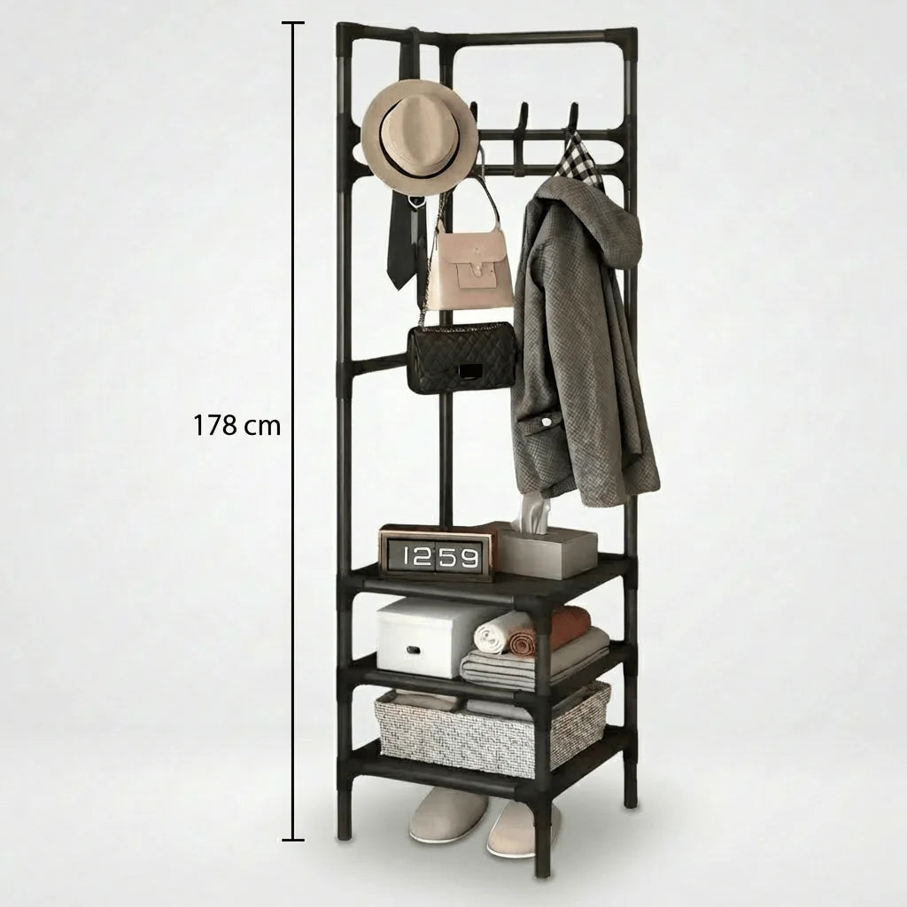 Dimensions du porte-manteau noir avec rangement : hauteur totale 178 cm