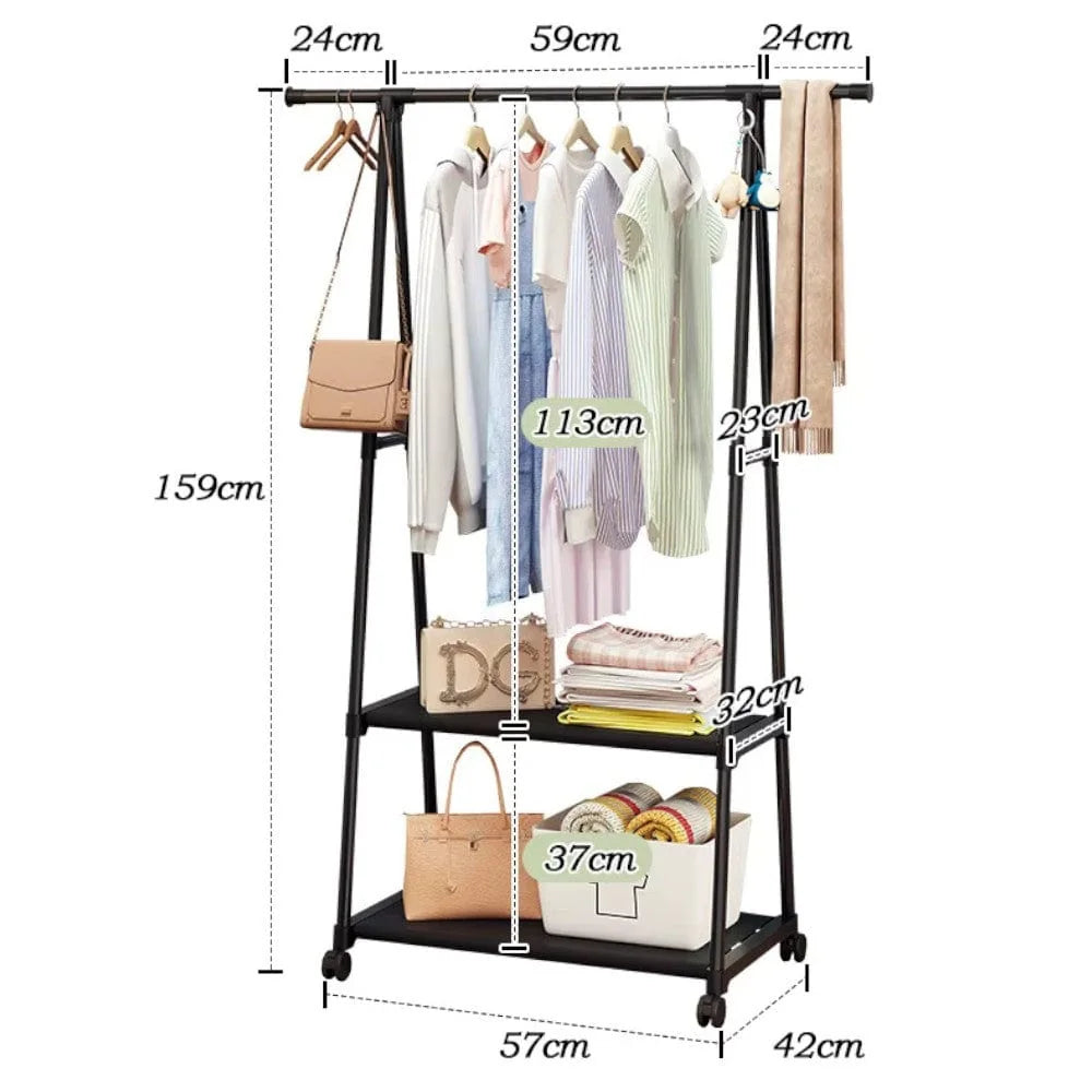 Dimensions d’origine de la penderie roulante noire : hauteur 159 cm, base 57 × 42 cm et autres cotes indiquées sur le visuel