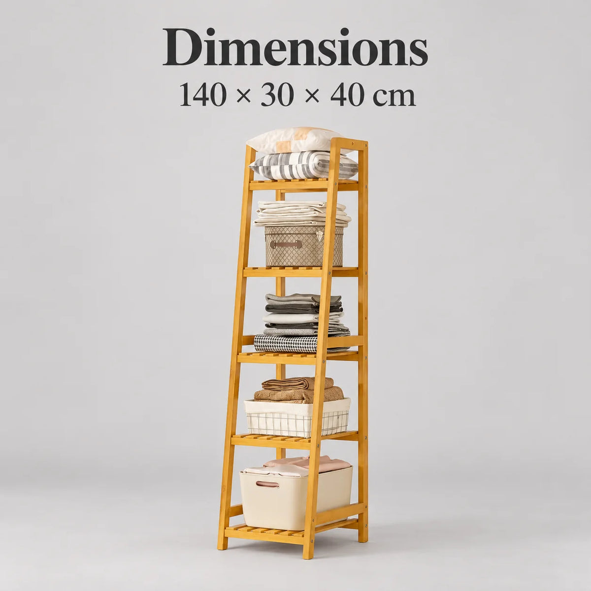 Dimensions indiquées pour l’étagère dressing en bois clair : 140 × 30 × 40 cm