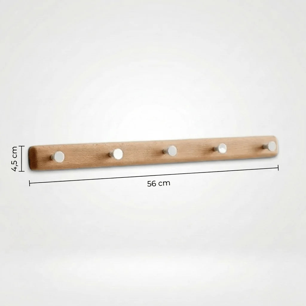 Dimensions du porte-manteau mural en bois à cinq crochets blancs : longueur 56 cm et hauteur 4,5 cm