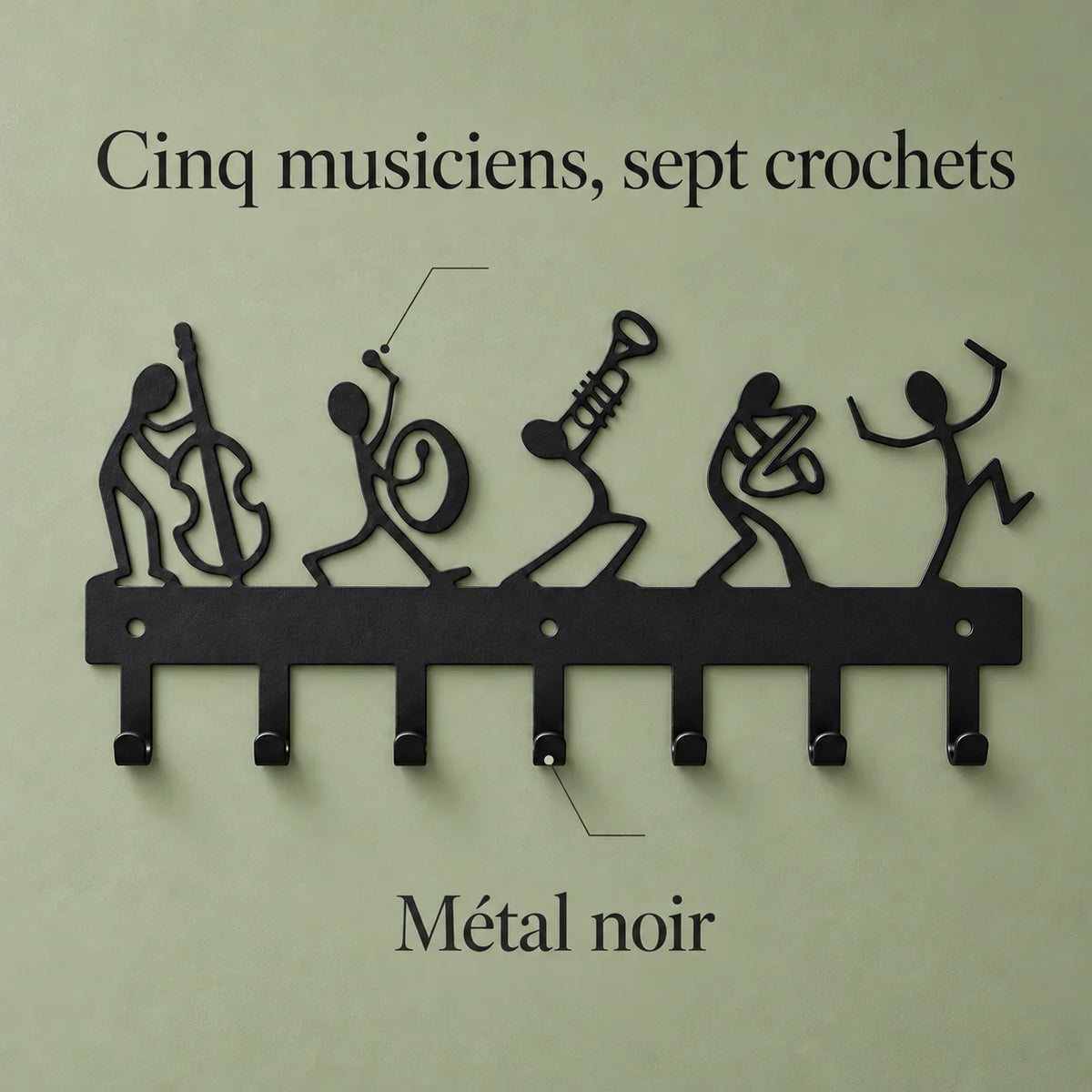 Porte-manteau mural noir présentant cinq musiciens et sept crochets