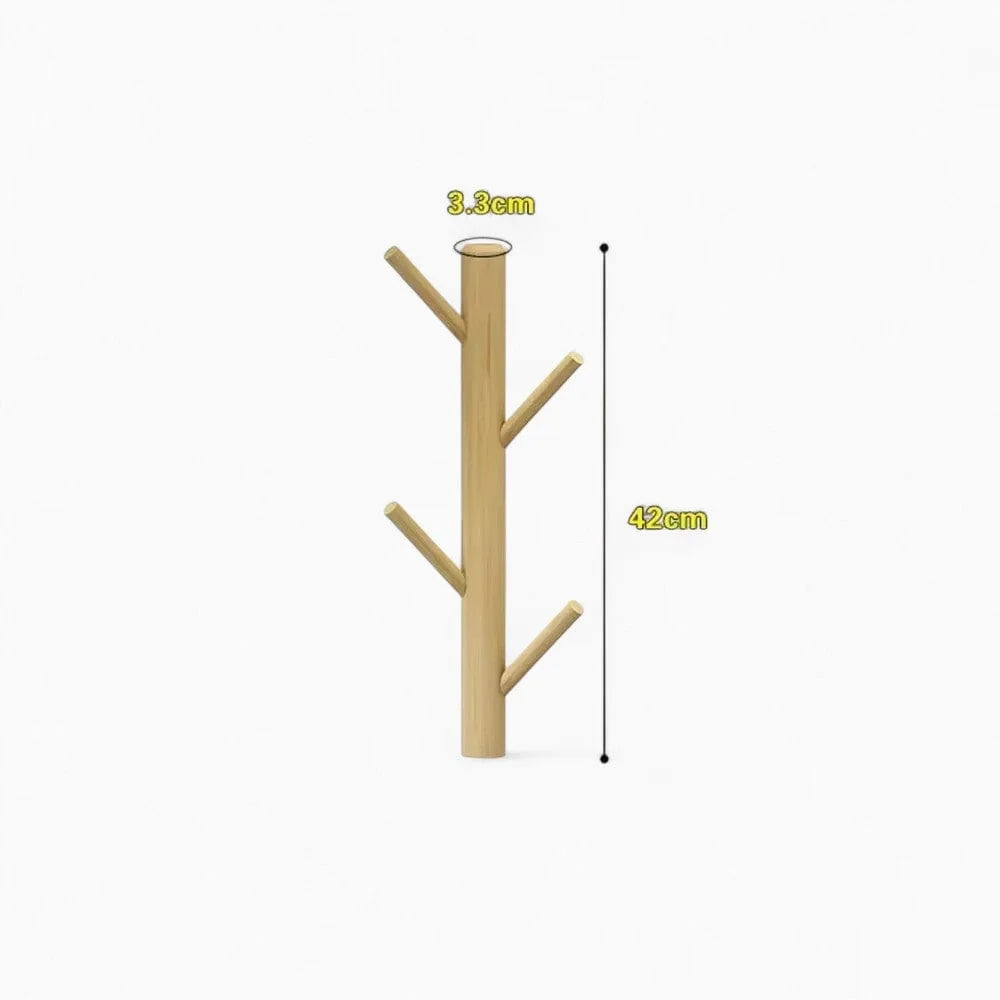 Dimensions vérifiées du porte-manteau mural en bois clair : hauteur 42 cm et diamètre du tronc 3,3 cm