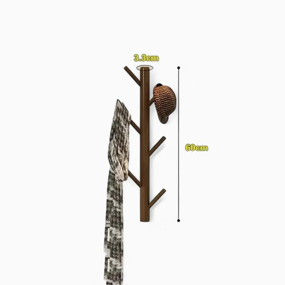 Dimensions vérifiées du porte-manteau mural en bois foncé : hauteur 60 cm et diamètre du tronc 3,3 cm