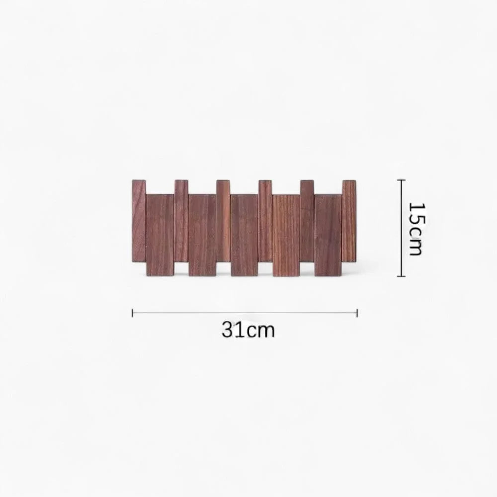 Dimensions vérifiées du porte-manteau mural compact en bois foncé : 31 cm de long et 15 cm de haut