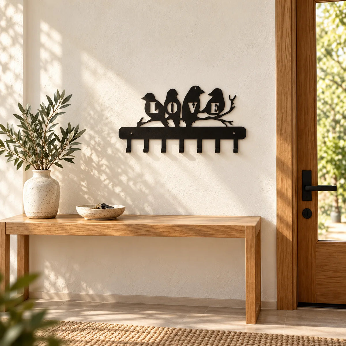 Porte-manteau mural LOVE noir dans une entrée avec console, sans dimensions chiffrées
