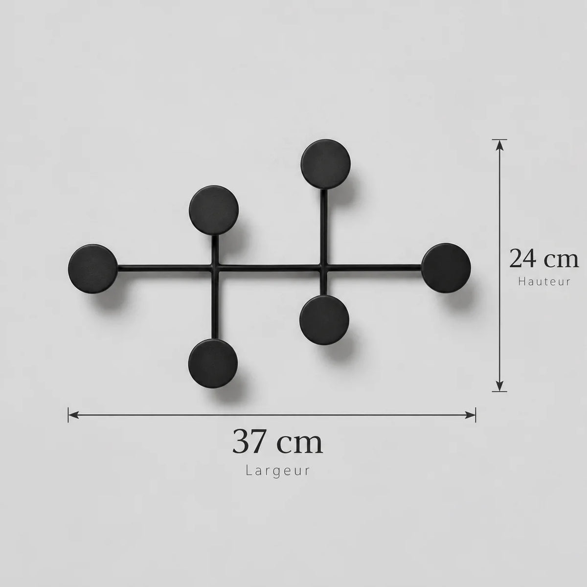 Dimensions du porte-manteau mural rond noir : largeur 37 cm et hauteur 24 cm