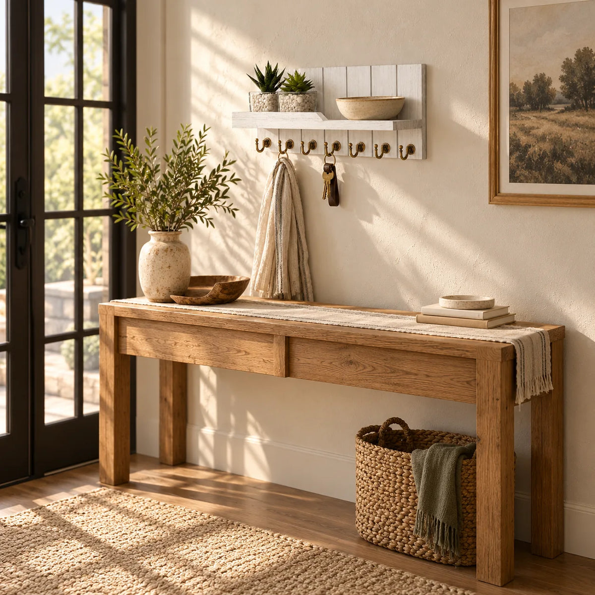 Porte-manteau mural blanc vu dans l’ensemble de l’entrée au-dessus de la console, sans dimensions chiffrées