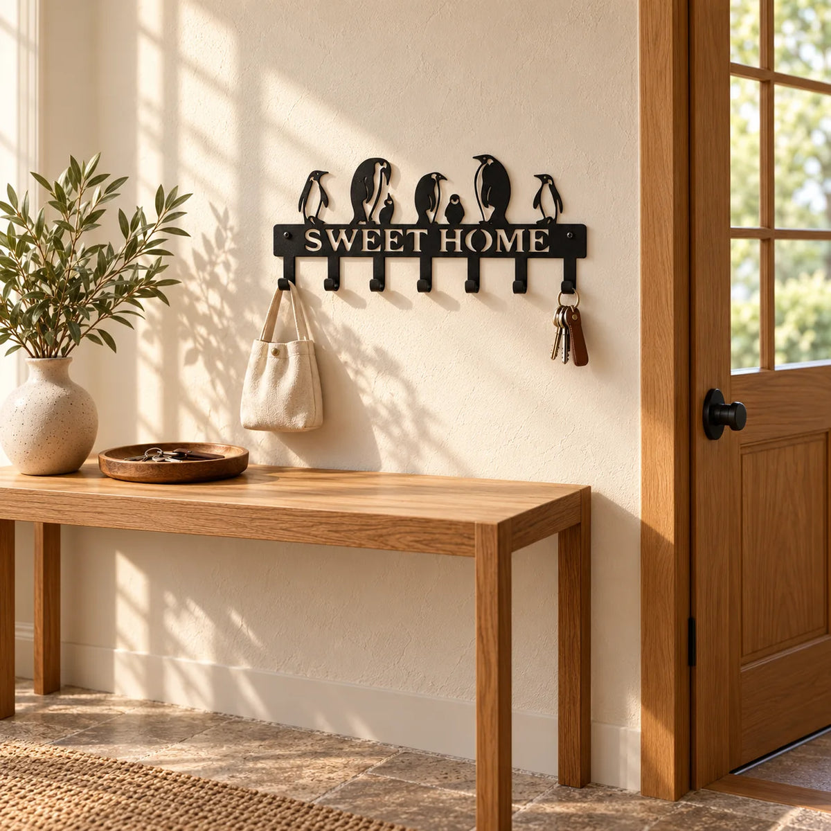 Porte-manteau SWEET HOME noir dans une entrée avec console, sans dimensions chiffrées